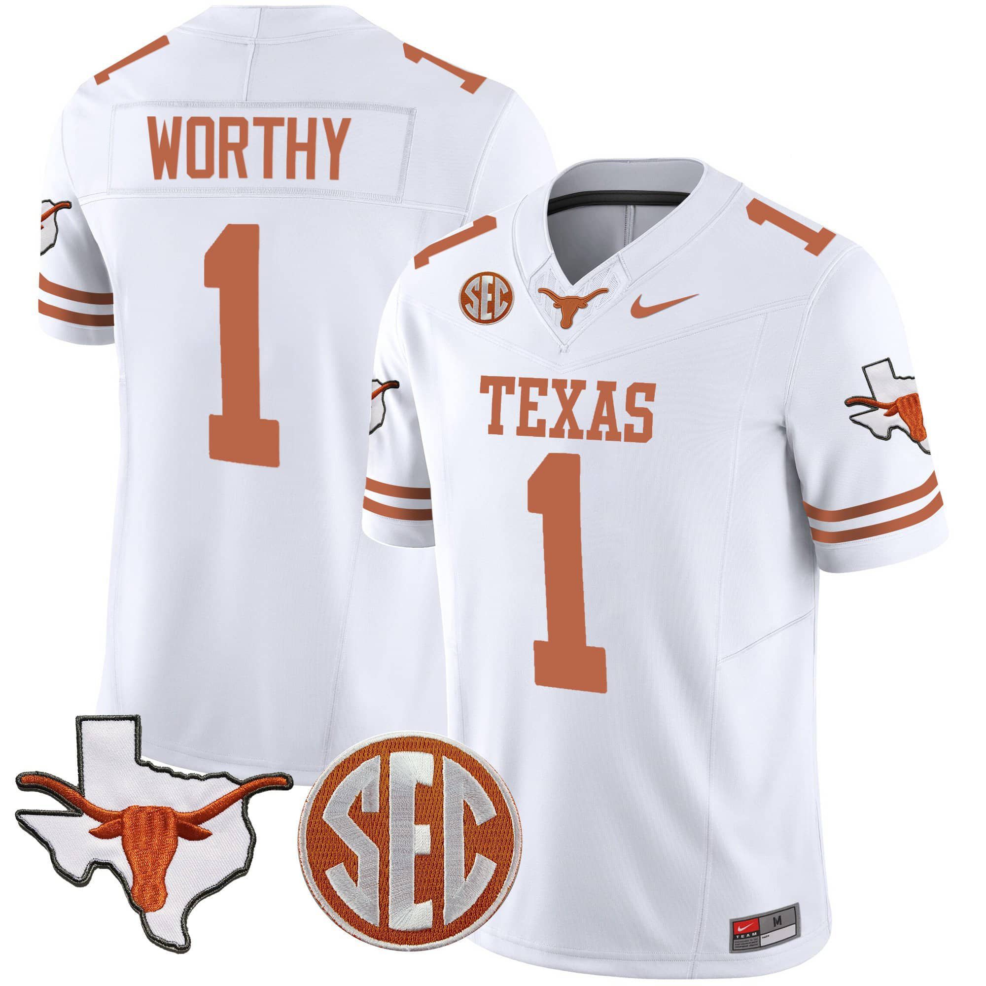 Men Texas Longhorns #1 Worthy White 2024 Nike State Map & SEC Patch Vapor NCAA Jersey